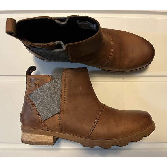 Sorel Emelie Waterproof Brown Leather Ankle Chelsea Boot Womens Size 9 Lug Sole - Picture 1 of 11